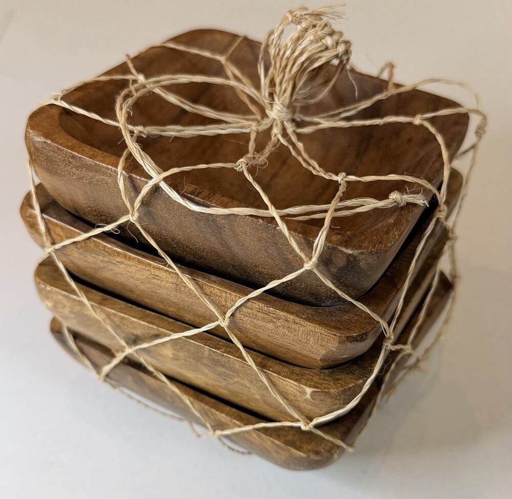 Acacia Handmade Wood Carved Plates - Set of 4 Calabash Bowls Size 4" (Square)